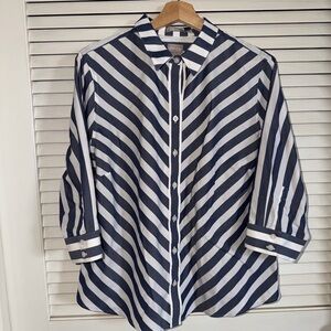 Chico's Striped Button Down Shirt in Navy and White